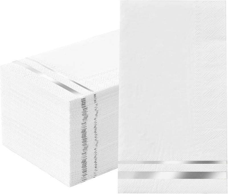 Tamone 100PCS 3-Ply Silver Napkins - White and Silver Napkins Disposable - Premium Quality Dinner Napkins Soft and Absorbent for Wedding Party Birthday - Image 1